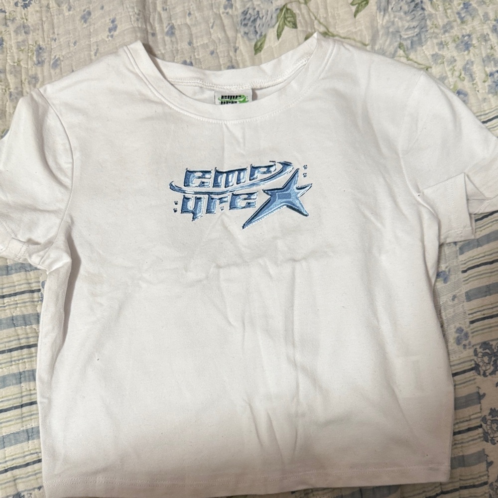 Empyre White Crop Top with Blue Graphic